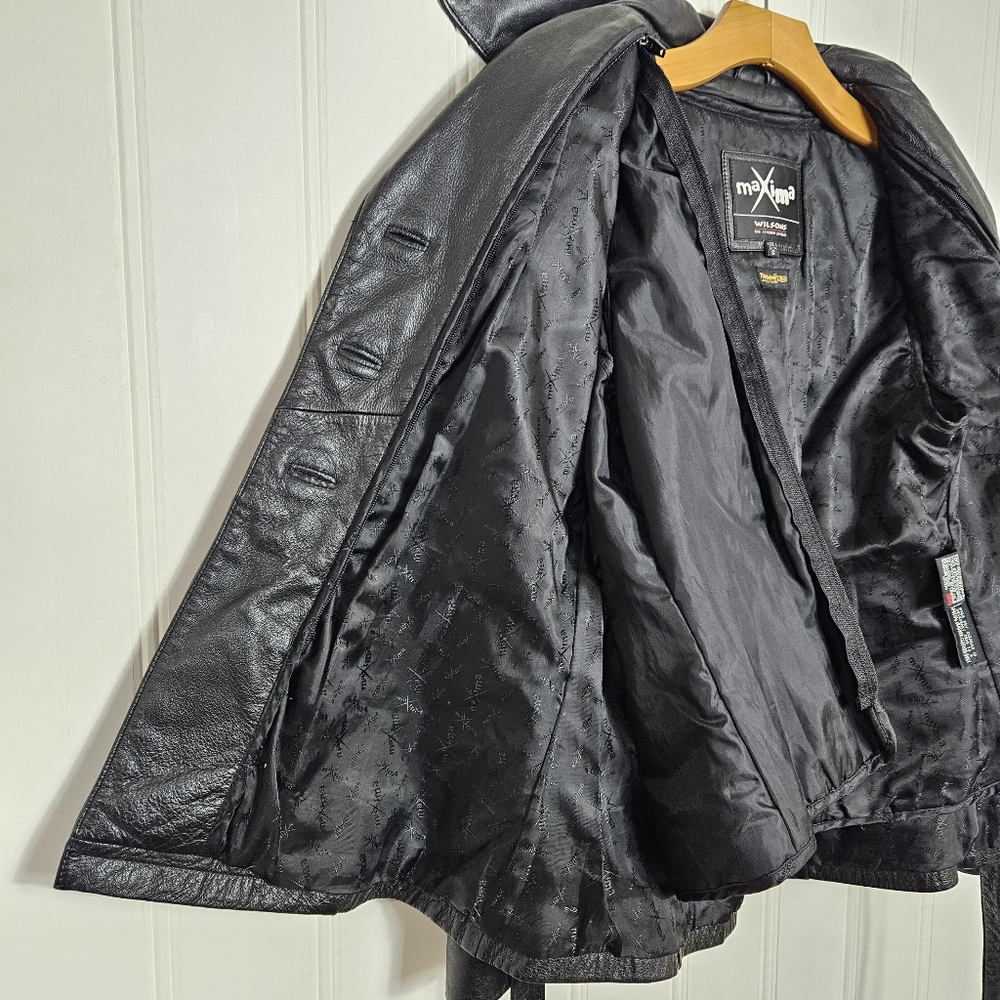 Vintage Wilson Maxima Black Leather Belted Trench Coat Jacket Size S Cinch Waist - Picture 9 of 12